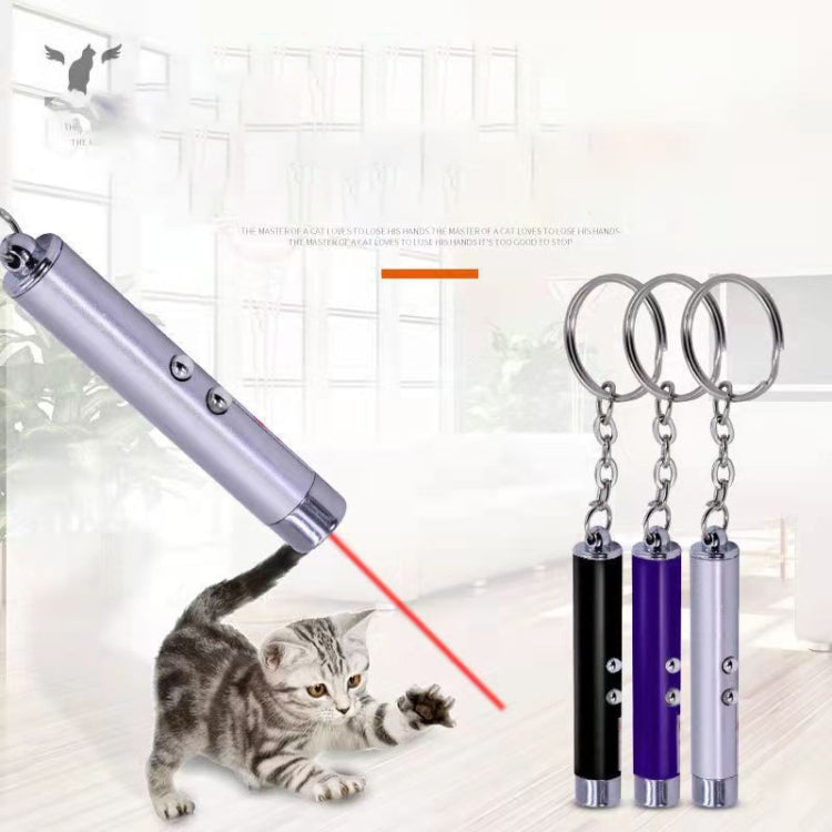Silver LED laser pen and multiple keychain laser pens; red beam dot near a cat.