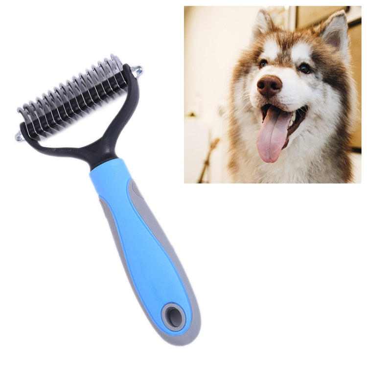 Dog grooming comb with stainless steel teeth and blue ergonomic handle