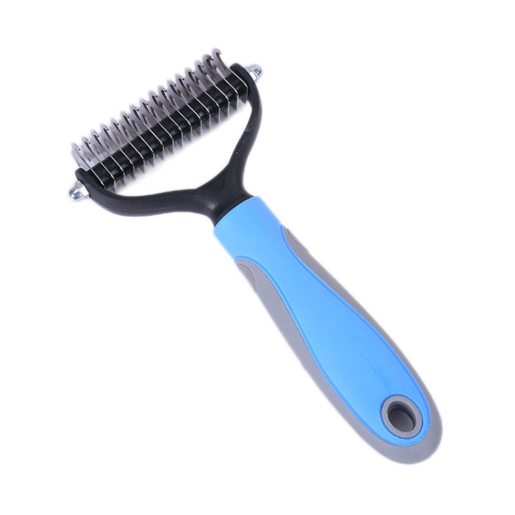 Dog grooming comb with stainless steel teeth, black U-frame, and blue handle