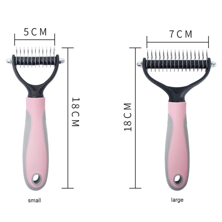 Dog comb size diagram: 18 cm x 7 cm comb with pink handle and metal teeth