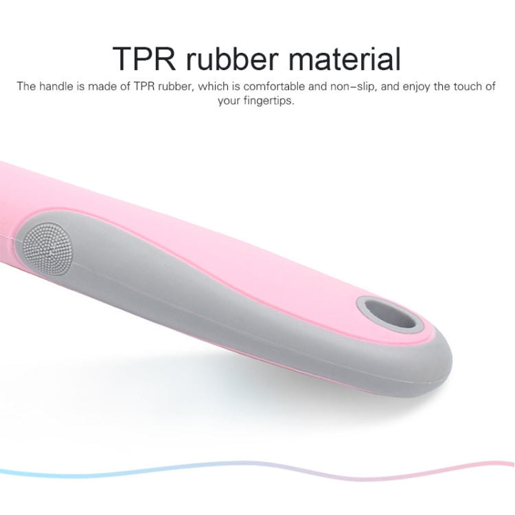 TPR-style dog comb handle with pink grip panel, gray body, and rounded end cap