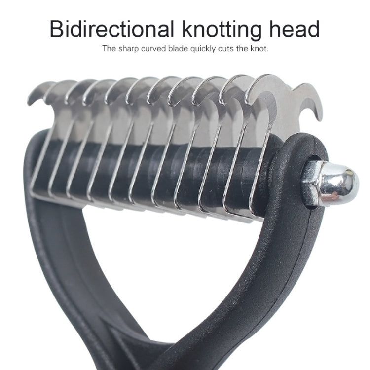 Stainless steel dog comb head with double-sided curved blade teeth in black frame