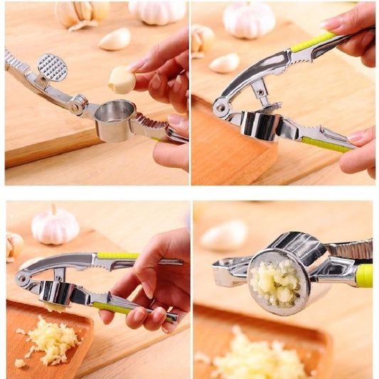 Multi-function stainless steel garlic tool with grater and press, garlic cloves nearby