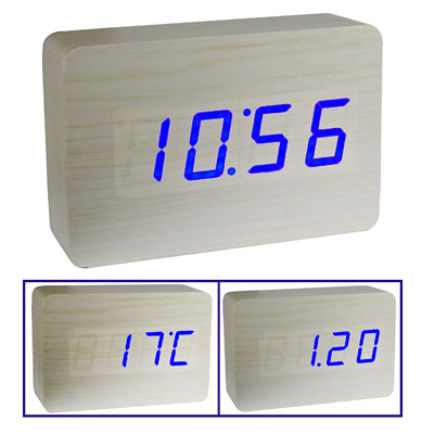 White wooden digital clock with blue LED display reading 10:56