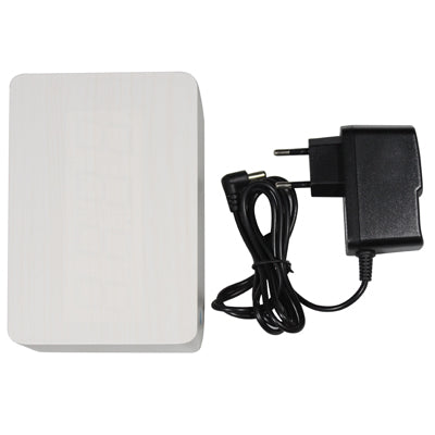White wooden clock back cover with black power adapter and power cord