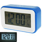 Blue multi-function alarm clock with LCD showing time, date, and temperature