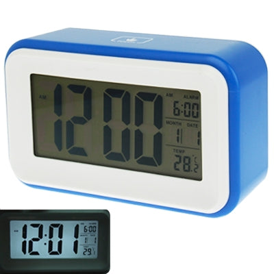 Blue multi-function alarm clock with LCD showing time, date, and temperature