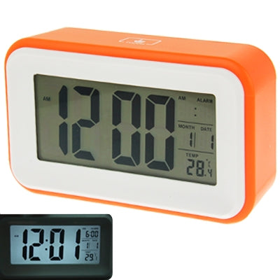 Orange multi-function alarm clock with LCD showing time, date, and temperature