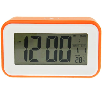 Orange multi-function alarm clock close-up LCD display with time and temperature