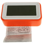 Orange multi-function alarm clock bottom with regulatory label and power info