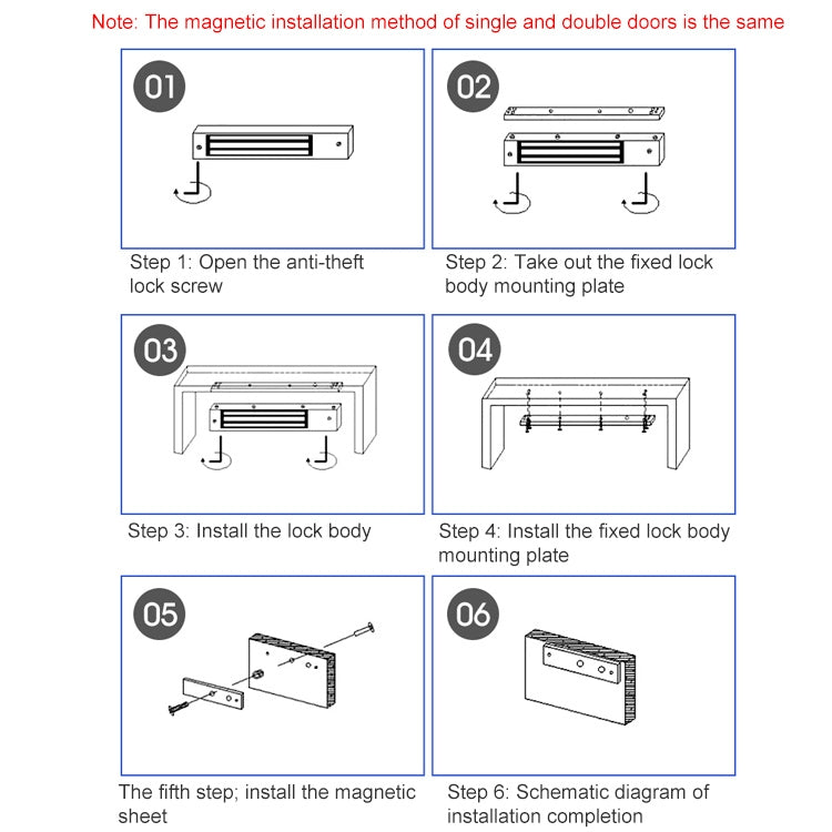Magnetic lock installation steps diagram for single and double doors