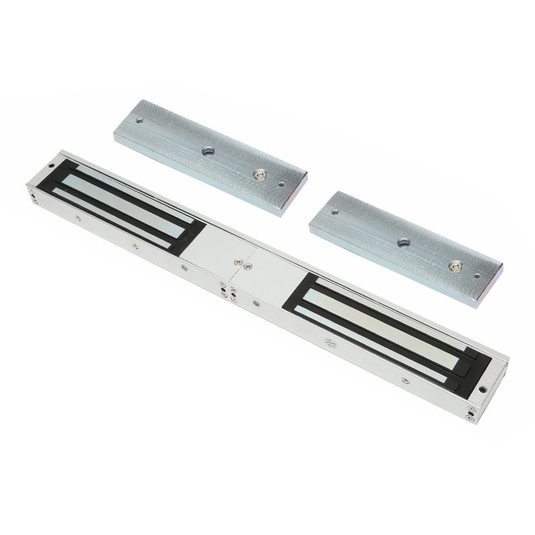 Double-door access control magnetic lock with mounting plates and black grille inserts