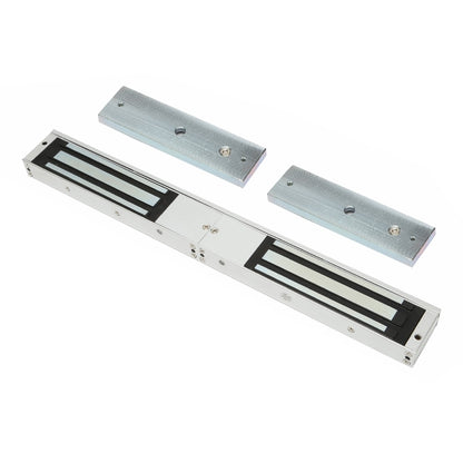 Double-door access control magnetic lock with mounting plates and black grille inserts