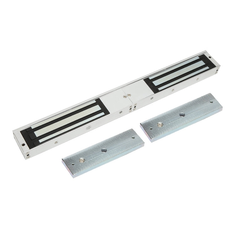 Rectangular double-door magnetic lock with two mounting bars and black slotted grille