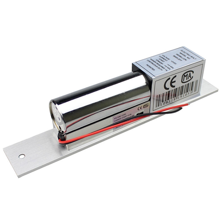 Electric mortise lock with metal body and mounting plate, red and black wiring leads