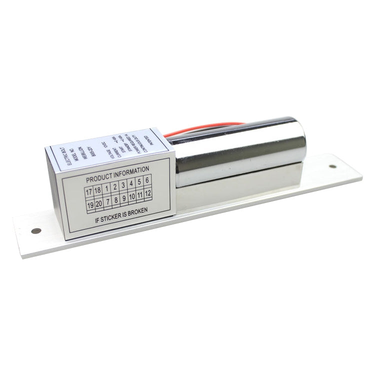 Electric mortise lock with label panel and red/black cable, metal mounting base