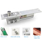 Electric mortise lock with round metal latch and side label on steel housing