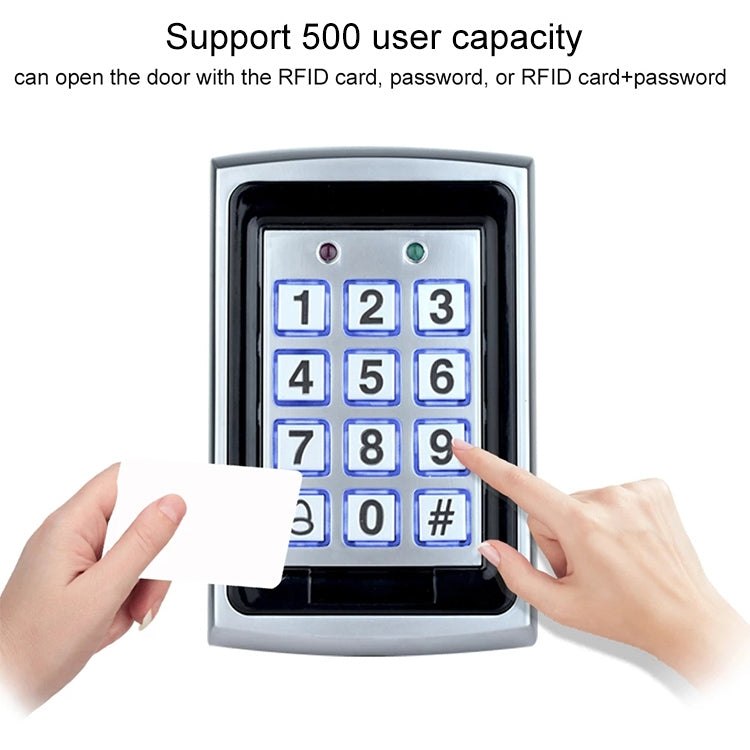 Keypad access control with hands presenting an RFID card toward the number keypad