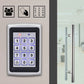 Wall-mounted keypad access control unit with illuminated number keys near door handle hardware
