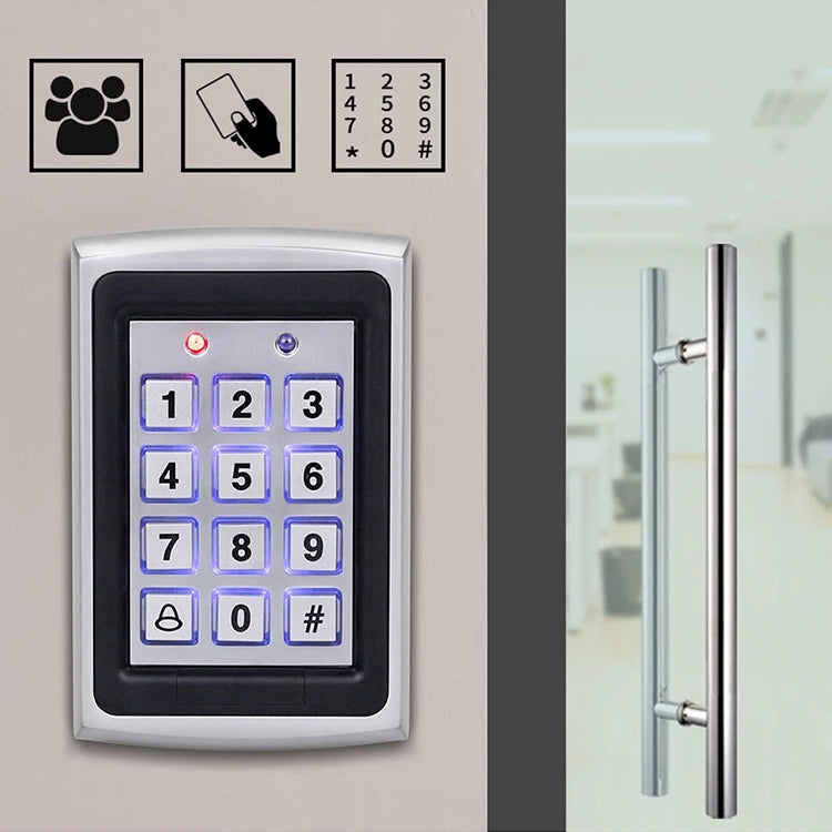 Wall-mounted keypad access control unit with illuminated number keys near door handle hardware