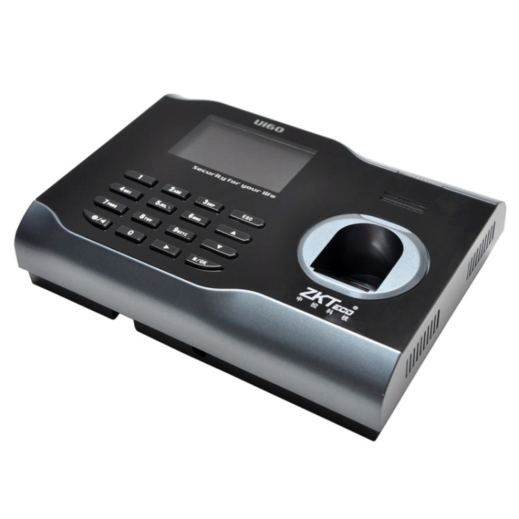 Black ZKTeco U160 fingerprint time clock angled view with color screen and keypad