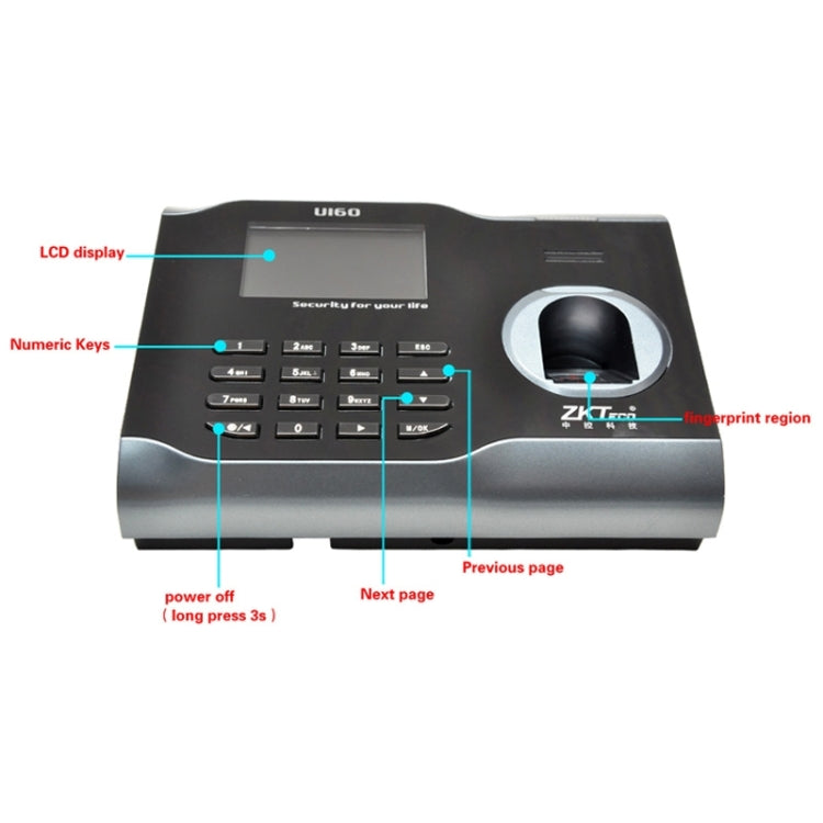 Fingerprint time attendance terminal front with LCD, numeric keys, and fingerprint sensor