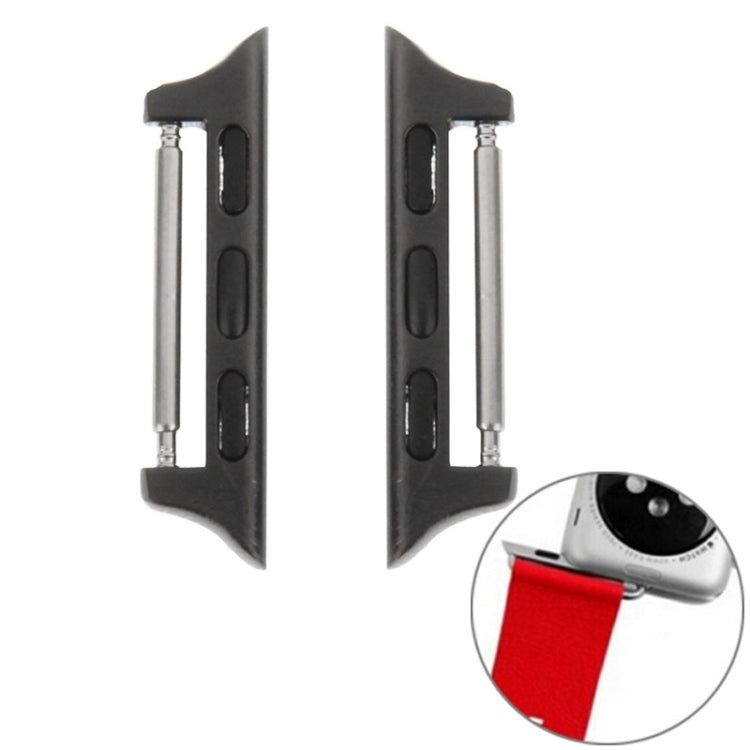 Black metal Apple Watch strap connectors with silver pins and buckle-style frames