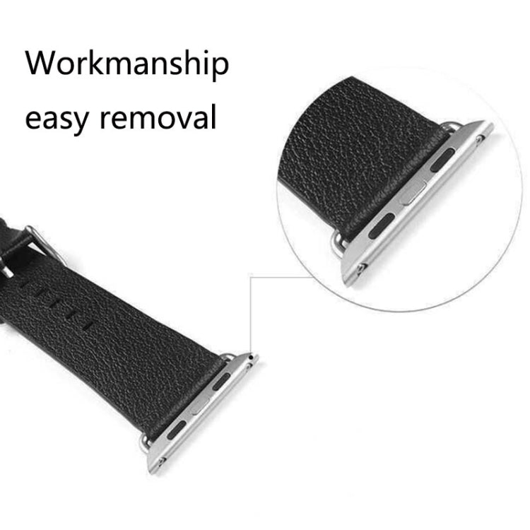 Black leather watch band with metal connector ends and silver spring bar pins