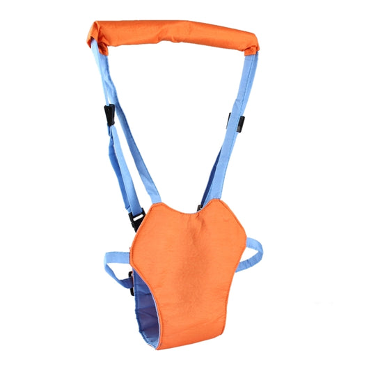 Orange chest pouch toddler safety harness with light-blue suspenders and side loops