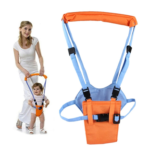 Orange and light-blue toddler safety harness with chest pouch and adjustable straps