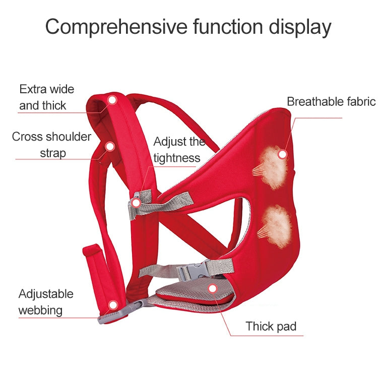 Red baby carrier backpack with thick padding, cross-shoulder straps, and adjusters