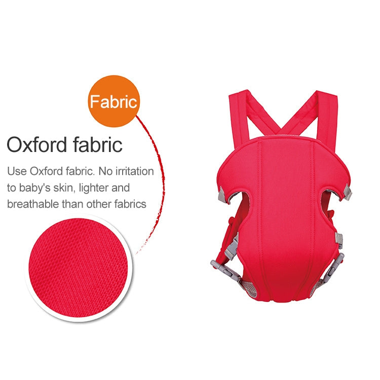 Red Oxford-fabric baby carrier backpack with arched head support and padded leg openings