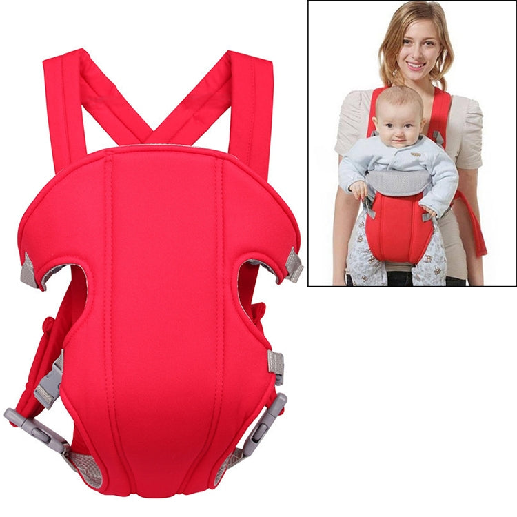 Red multiposition baby carrier backpack with padded back panel and adjustable shoulder straps