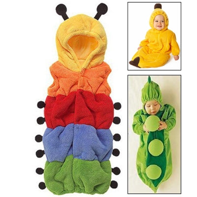 Hooded baby sleep onesie with rainbow stripes and caterpillar-style black dot accents