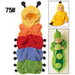 Hooded baby sleep onesie in rainbow stripes with black dot caterpillar accents