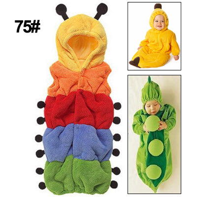 Hooded baby sleep onesie in rainbow stripes with black dot caterpillar accents