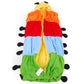 Front view hooded baby sleep onesie with yellow, orange, blue, and green stripes