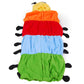 Back view hooded baby sleep onesie with rainbow stripes and black dot caterpillar accents