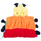 Folded hooded baby sleep onesie in pale yellow, orange, and red with black dot accents