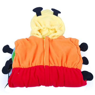 Folded hooded baby sleep onesie in pale yellow, orange, and red with black dot accents