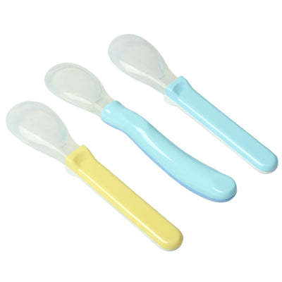Baby silicone gel spoon set, pastel yellow, blue, and white translucent scoops