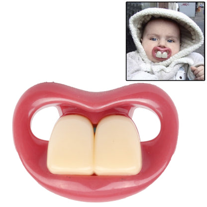 Red silicone baby pacifier with two front teeth design, beige nipple