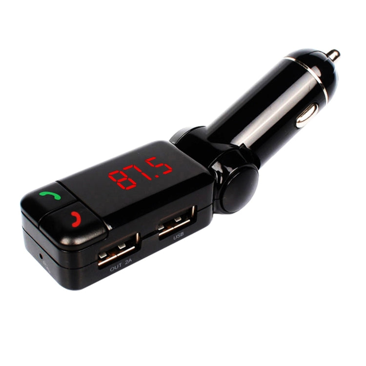 Black Bluetooth car kit FM transmitter with red LED display and dual USB ports