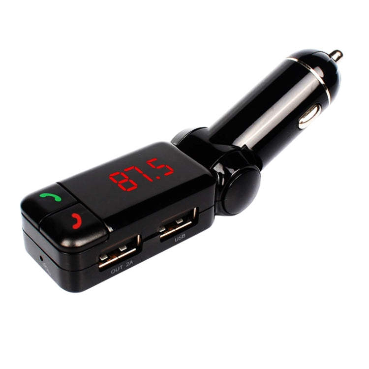 Black Bluetooth car kit FM transmitter with red LED frequency display and USB ports