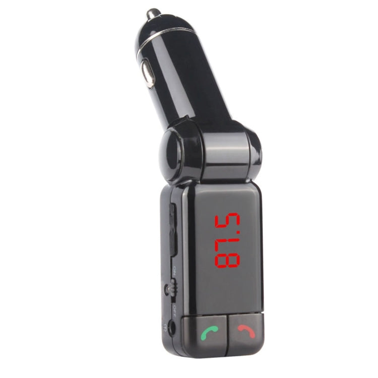 Black car FM transmitter with red LED display and call buttons, compact plug design