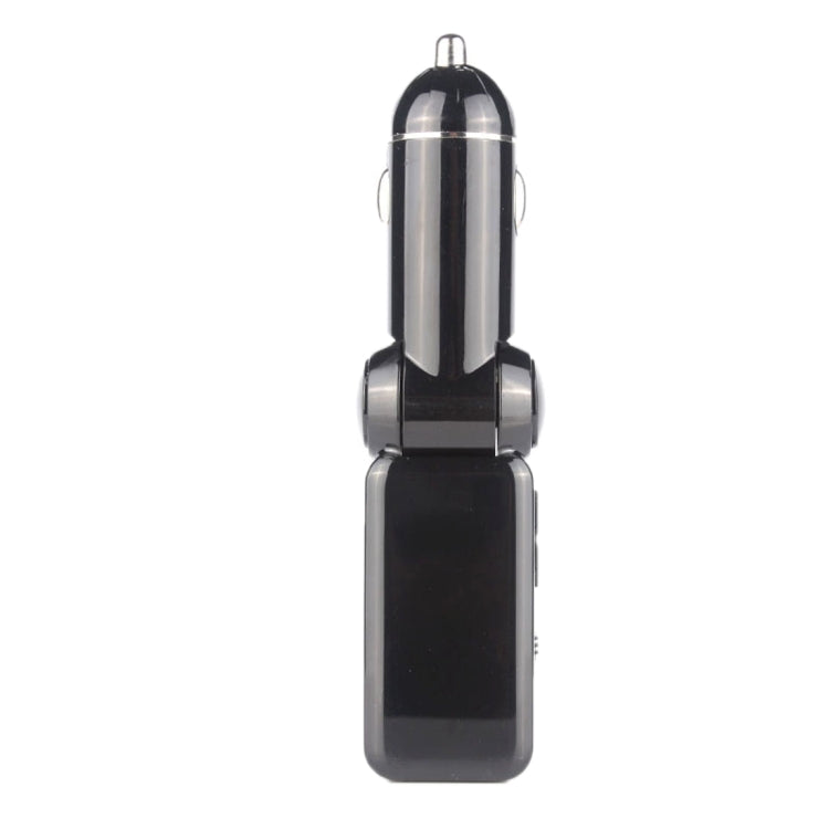 Black car Bluetooth FM transmitter plug with glossy metal ring and compact body