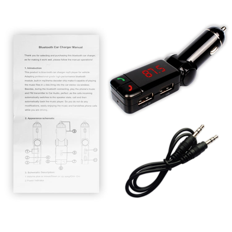 Bluetooth car kit with FM transmitter, USB ports, and included manual and cable