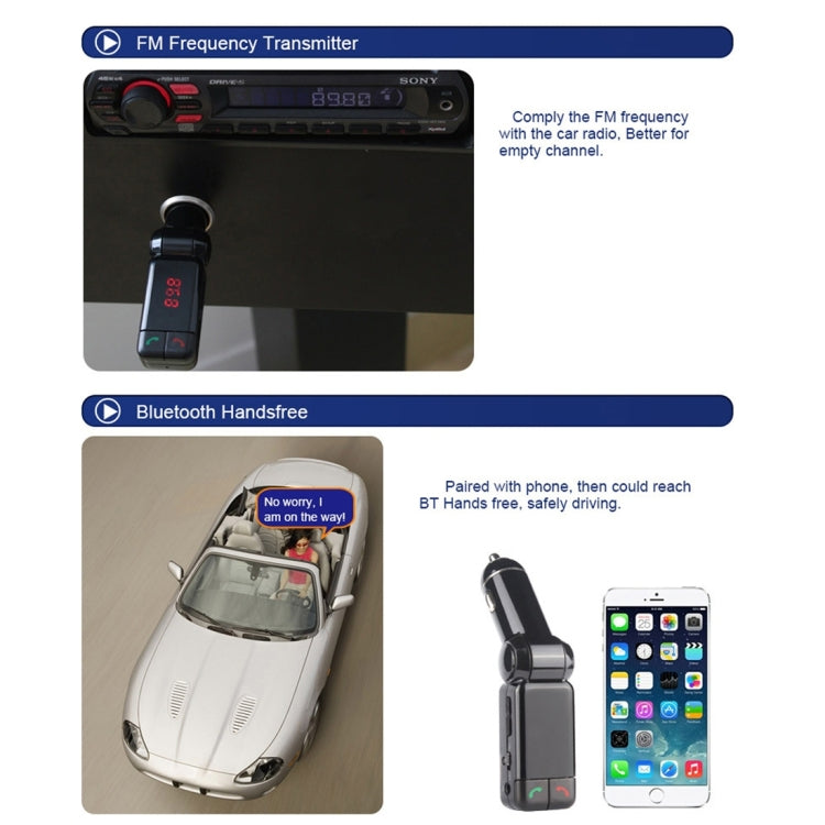 Bluetooth car FM transmitter device shown with red LED display and call controls