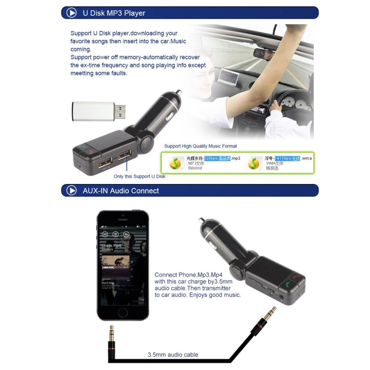 Bluetooth car kit transmitter with dual USB charging ports and small black plug body