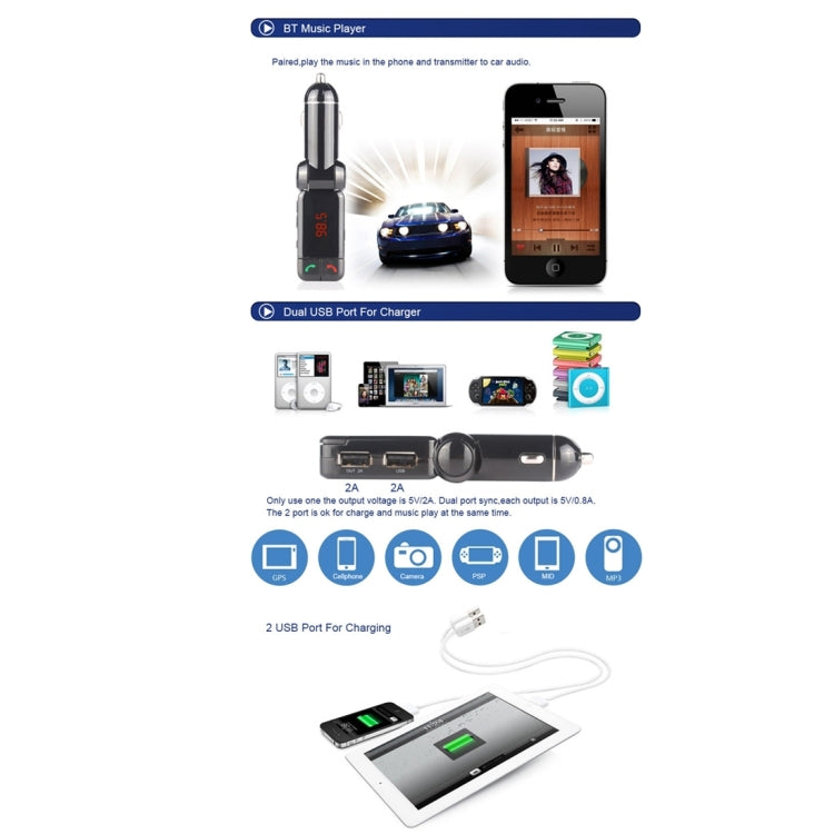 Bluetooth music player car transmitter with dual USB charging and compact black plug